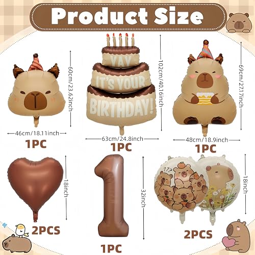 Image of Capybara Birthday Foil Balloon Set, 8-Piece Party Decor (1) | Reusable foil balloon set with capybara, cake,number . Perfect for birthday, baby shower, gender reveal & themed parties