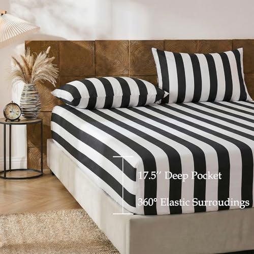 Image of Merryword 100% Cotton Sheet Set Full Size - Black and White Stripes Bedding, Soft Breathable Percale Weave, Wide Stripe Deep Pocket Sheet 17.5 inch, Luxury Linen Like, 4-Piece All Season Bedding