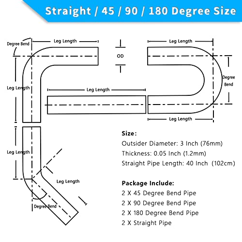 FGJQEFG 3 Inch DIY Custom Mandrel Exhaust Pipe Tube Pipe, 40 Inch Straight Pipe, 3\'\'OD Straight & Mandrel Bend Pipe(45/90/180 Degree) Kits, T304 Stainless Steel, Universal Fitment - 8PCS - Thumbnail 2