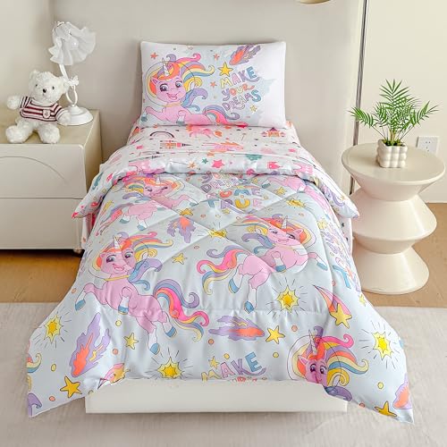 Image of Tailor Shop 4 Pieces Toddler Unicorn Bedding Toddler Unicorn Comforter for Girls Bed in A Bag Includes Quilted Comforter Fitted Sheet Top Sheet and Pillow Case