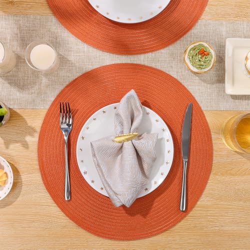 Image of SHACOS Round Placemats Set of 4 for Dining Table Autumn Fall Round Braided Place Mats Washable Non Slip Kitchen Table Mats Decor, Bright Orange