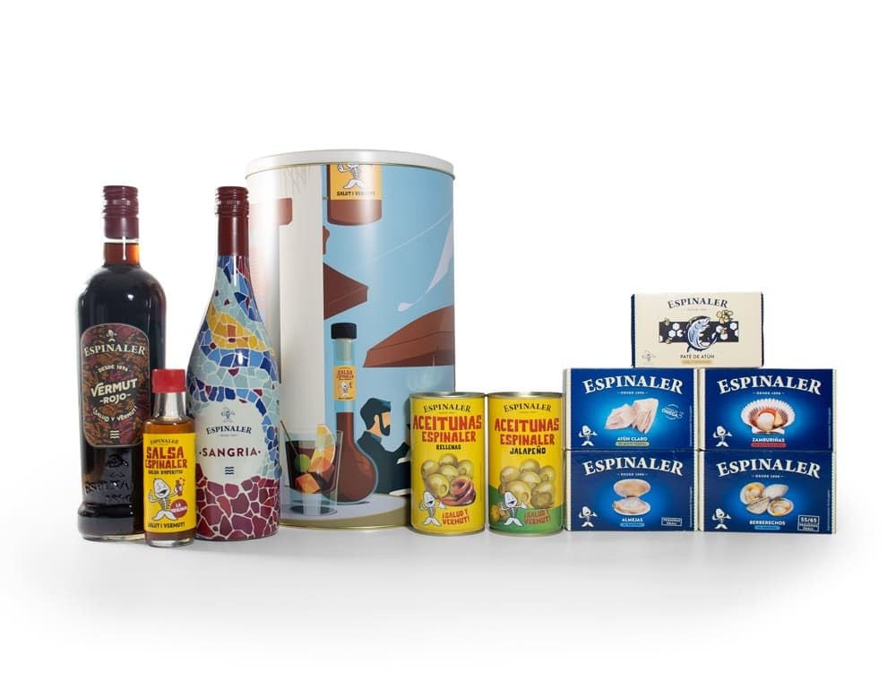 Espinaler Lote Regalo Gourmet - Cesta Regalo Surtido de Sangría, Vermut Rojo, Aperitivos y Conservas de Marisco - Pack de Regalo Completo - Nuevo Lote Bogatell