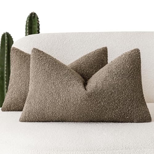 Image of Foindtower Pack of 2 Textured Boucle Throw Pillow Covers Accent Solid Decorative Lumbar Pillow Cases Cozy Soft Couch Cushion Case for Chair Sofa Bedroom Living Room Home Decor 12x20 Inch Light Brown
