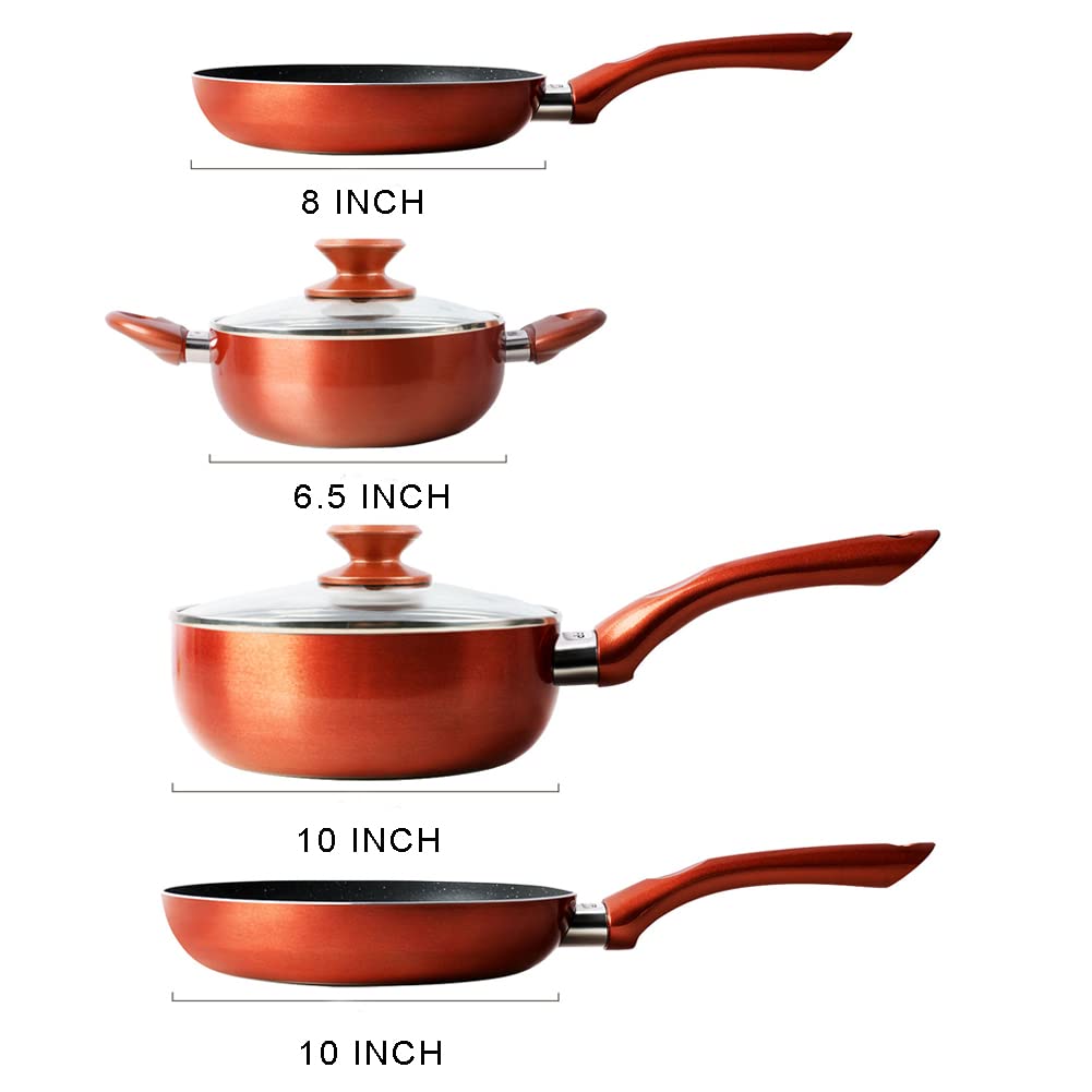 Juego de 6 ollas y sartenes antiadherentes, sartenes antiadherentes, ollas de cocina con tapas de vidrio ventiladas, color cobre