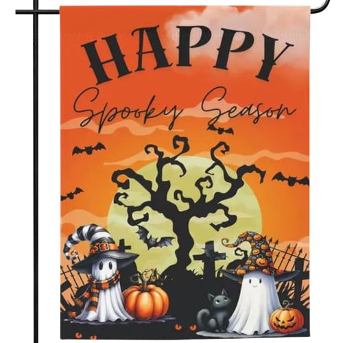 Image of Happy Spooky Season Halloween Garden Flag 12x18 Inch Double Sided Ghost Pumpkin Outdoor Decor Yard Flag