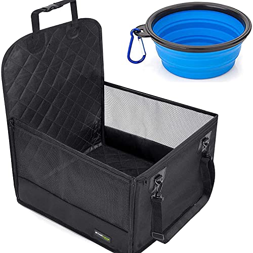 Siège Auto d‘appoint pour Chien Le siège du Passager - 45 x 45 cm avec Hauteur de Dossier de 58 cm et côtés de 32 cm - Surface matelassée + Bol Pliable pour Chien