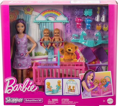 Barbie HXM99 Skipper Doll & Nursery Playset With Accessories, Includes Twin Baby Dolls, 1 Crib thumb #5