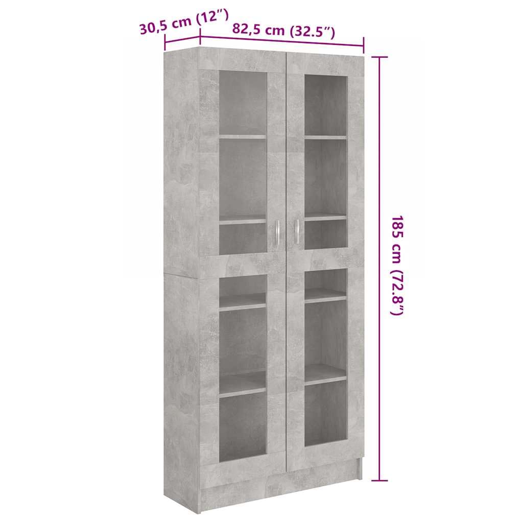 Armario genérico vitrina gris hormigón 82,5 x 30,5 x 185,5 cm, estantería de madera de ingeniería con 5 compartimentos y 2 puertas, almacenamiento para libros, revistas, DVD y decoración