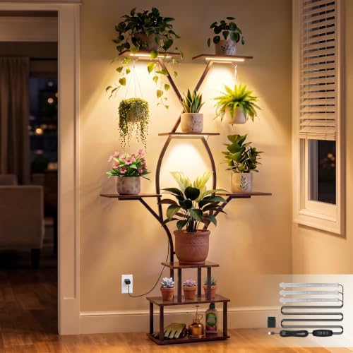 Image of Plant Stand with Grow Lights for Indoor Plants, 8 Tier 65 inch Tall Corner Plant Shelf for Multiple Plants, Curved Metal Flower Rack with Hanging Hooks, Living Room Bedroom Apartment (Black)