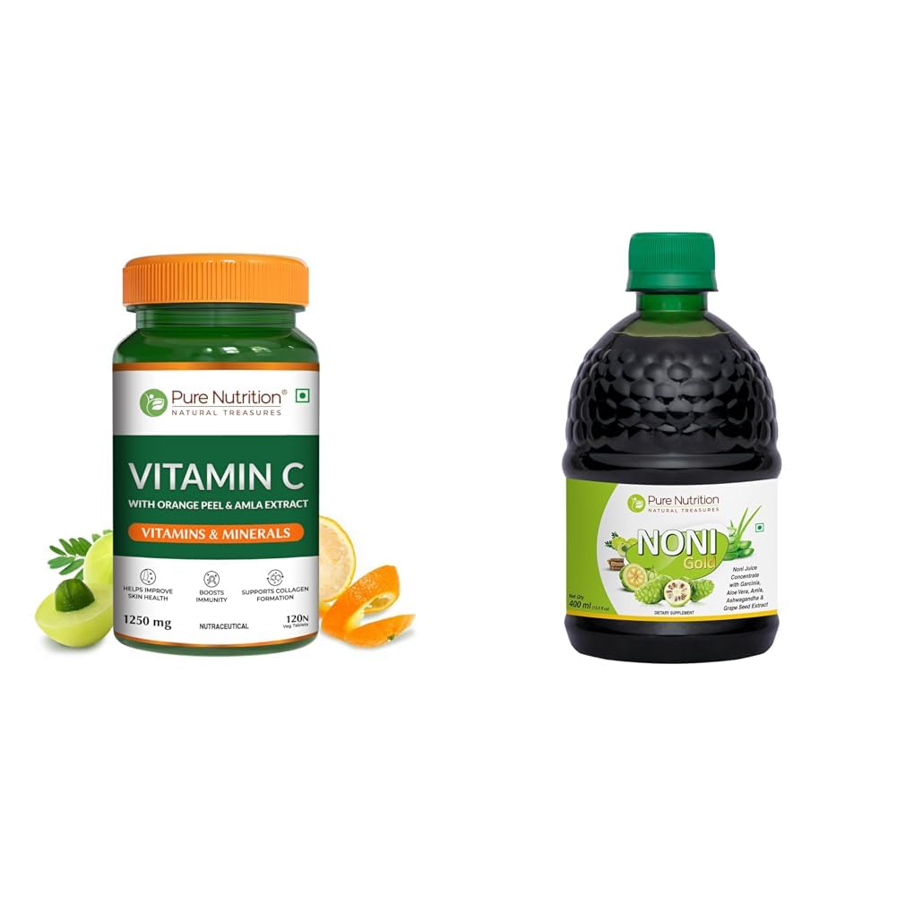 Pure Nutrition Plant-Based Vitamin C (1250mg) - 120 Veg Tablets with Amla & Orange Peel Extract | | PURE NUTRITION NATURAL TREASURES Pure Nutrition Noni Gold Noni Juice Concentrate with Garcinia, Al