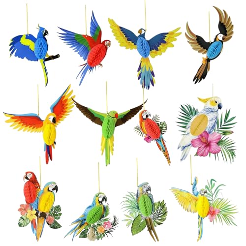 YUZHEDM 12 Pièces Décoration d'oiseaux Tropicaux avec Ficelle Perroquet Decoration, deco Tropicale Deco Hawaienne Idéal pour les Fêtes Hawaïennes Plages...