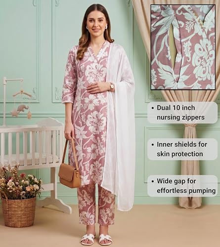 Image of DUMMY SHAPE Maternity Dresses for Women Cotton | Floral Kurta Pant Dupatta Set with Nursing Zippers, Side Pocket | Pre & Post Pregnancy | Feeding Kurti Suit | Baby Shower | Gifts for Pregnant Woman
