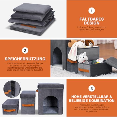Zvonema Hundetreppe 3 Stufen, breiteren Haustiertreppe mit Stauraum, Faltbare Hundetreppe für Kleine Hunde bis 40kg, rutschfeste Hunderampe für Sofa, Bett, Auto, ältere Hunde & Katzen-78x34x45cm