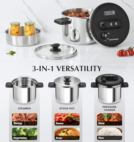 KOCH SYSTEME CS Stainless Steel Pressure Cooker 6.3 QT, Olla de Presion, Easy One-Press Lock, 3 PSI Settings Stovetop Pressure Cookers, Save 70% Time, Induction Compatible, Glass Lid & Steamer Rack - Image 6