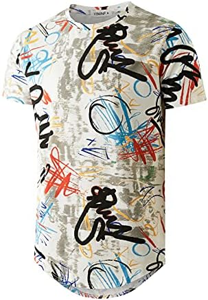 YININF Mens Hipster Hip Hop All Over Graphic Longline T-Shirt(210 White L)