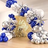 141pcs Royal Blue and Silver Balloons Garland Arch Kit, Blue White Silver Confetti Balloon with Foil Star Balloons for 2025 Graduation Men’s Birthday Retirement Party Decorations
