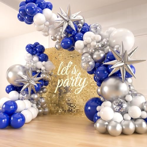 141pcs Royal Blue and Silver Balloons Garland Arch Kit Blue White Silver Confetti Balloon with Foil Star Balloons for 2026 Graduation Mens Birthday Retirement Party Decorations