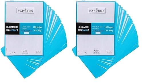 Unipapel 53392236. Recambios 100 Hojas A4, Cuadrículadas 5x5, Banda Color Turquesa, PaperClas90g, Papyrus - Unicolor 1 (Paquete de 2)