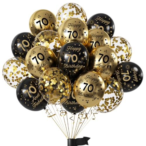 Black Gold 70th Birthday Balloons - 16pcs 12 Latex & Confetti Balloons with Ribbon Glorious 70th Milestone Decorations 70th Birthday Supplies for Men & Women