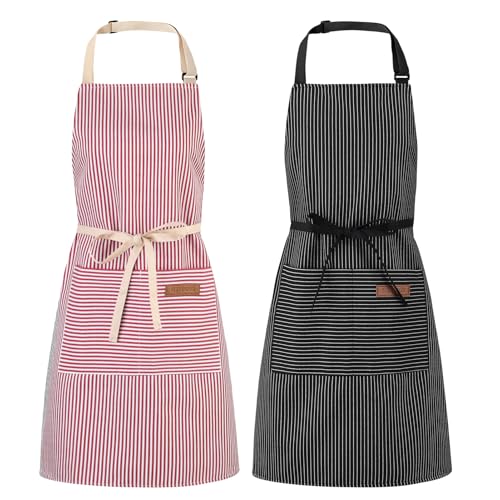 Image of saerryor 2 Pack Aprons for Women Men, Adjustable Unisex Kitchen Aprons with Pocket for Kitchen Cooking Baking Household Cleaning Gardening BBQ,Gifts for Women Men(Balck Red)