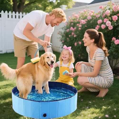 Abiemuce 60x20CM Faltbarer Hundepool mit Ablassventil PVC, Hundepool rutschfest für Kleine & Mittlere Hunde Katze, auch für Kinder Geeignet, Tragbar und Leicht zu Verstauen