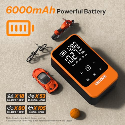 Image of UN1QUE PT610 Cordless Tyre Inflator for Car, Dual Power-6000mAh & 12V DC, 150 PSI, Auto Shut-Off, Rechargeable Air Pump for Car Tyres, Bikes, Balls with LED Light & Digital Pressure Gauge