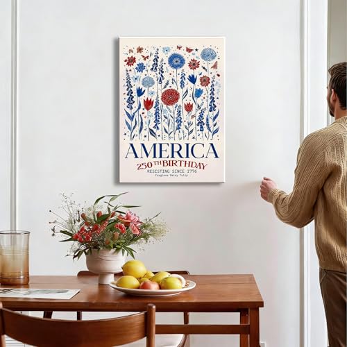 Image of RIBNTAK Vintage Patriotic America 250th Birthday Wall Decor, 1776 Floral Canvas Prints, 4th of July Wildflower Art, Red White Blue Pictures for Kitchen, Office, Rustic Home, Made in USA