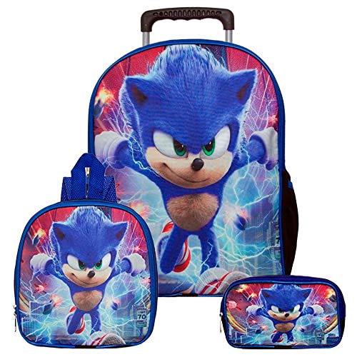 Kit Mochila com Rodinhas do Sonic 2 + Lancheira + Estojo Escolar