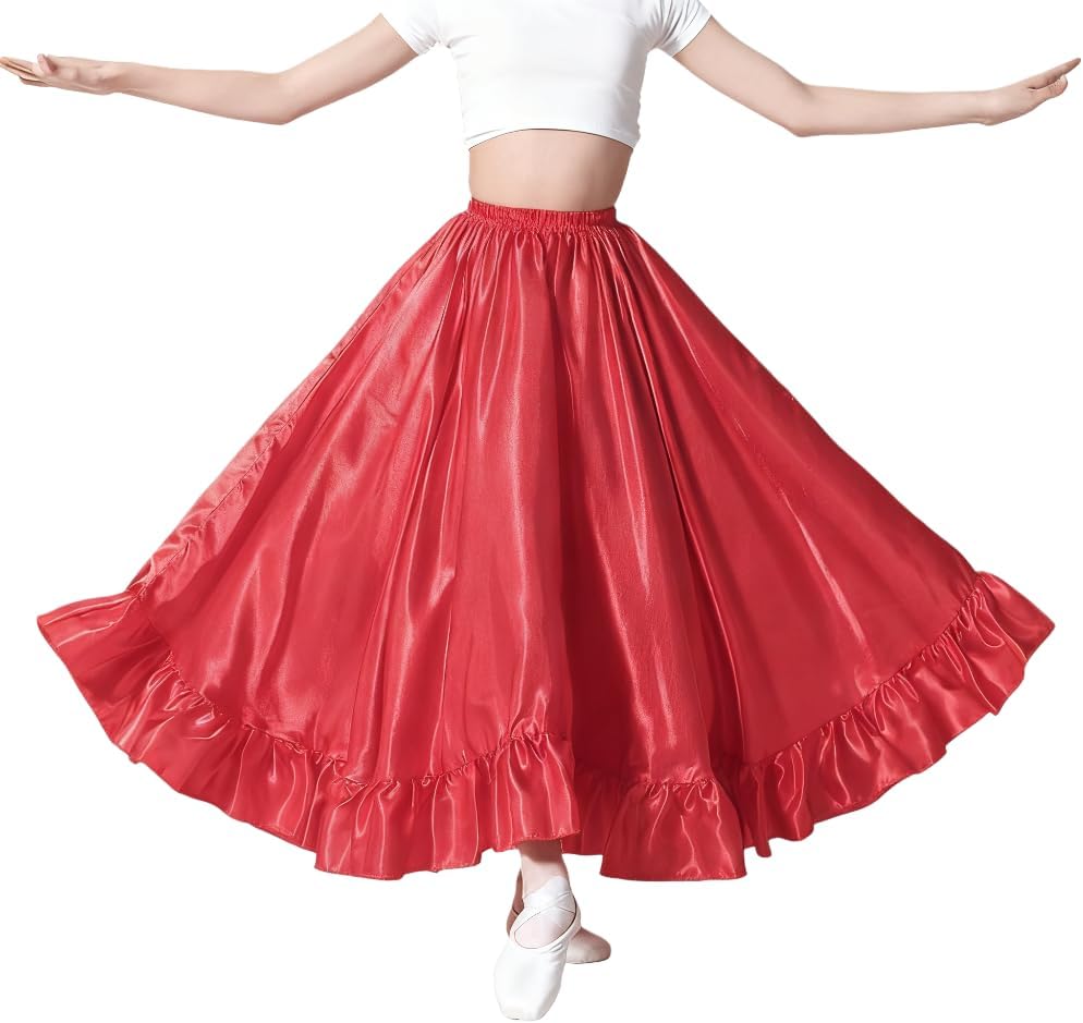 Long Full Dance Skirt for Girls, Satin Flared Ballet Folk | Ruffle Hem, For Practice, For Performance, for Talent Show Dancing