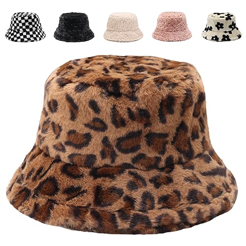 Image of Bucket Hat Women Furry Fuzzy Bucket Hats for Ladies, Winter Warm Fluffy Plush Faux Fur Hat for Women
