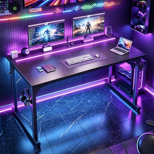 Image of DurayLoly 48 inch Gaming Desk with Waterproof LED Lights, Carbon Fiber Desktop for Small Spaces | Home Office Study Computer Desk with Storage Bag & Headphone Hook, Black