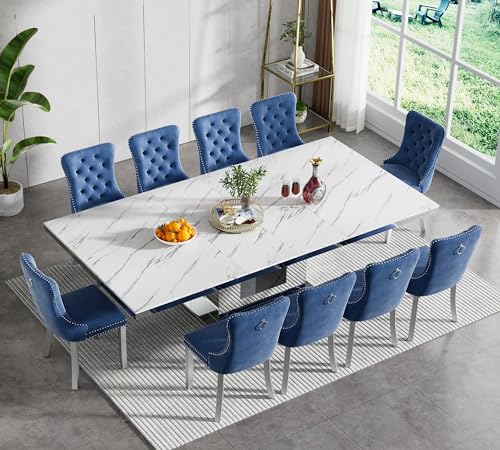 Image of Modern Extendable Dining Table Set for 10, Faux Marble Expandable Table with 10 Blue Velvet Chairs & Silver Mirrored Pedestal Base, 63 inch to 94 inch 3-Position Expansion, 11 Piece Luxury Dining Table Set