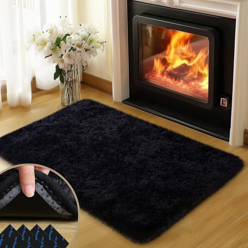Black Rugs for Bedroom, 2x3 Feet Fluffy Area Rugs for Living Room, Soft Shag Kids Rug Small Carpet with 4 Non-Slip Rug Pads (2ft x 3ft, Black)