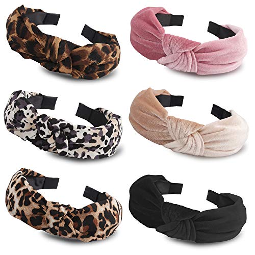TOBATOBA 6 Pack Wide Headbands Knot Velvet Hairband Vintage Head Wrap Elastic Hair Hoops Fashion Hair Accessories for Women, Christmas Party Decorations,Include 3 leapord Headbands and 3 Slid Color