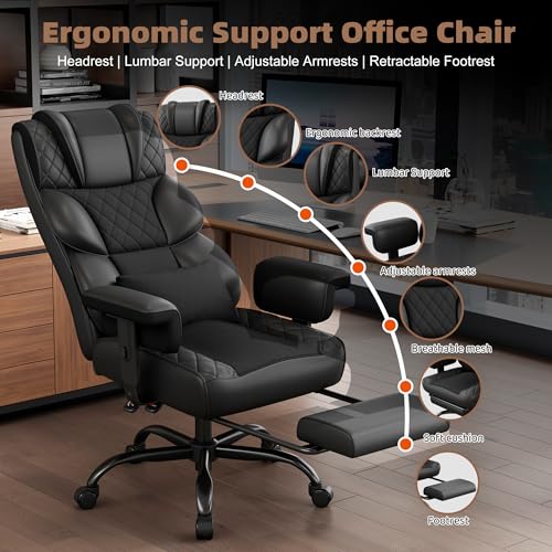 Vonesse Big and Tall Office Chair, Gaming Chair with Soft Adjustable Armrests, Ergonomic High Back Desk Chair with Lumbar Support, Executive Computer Chairs with Footrest (PU Leath image 7
