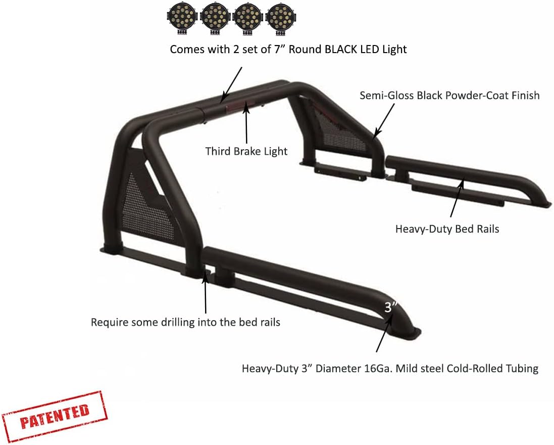 Black Horse Gladiator Roll Bar incl. Pair of 7.0" Dia. Led Lights w/Black Trim Rings Modular Black Compatible with 2005-2021 Nissan Frontier-GLRB-05B-PLB