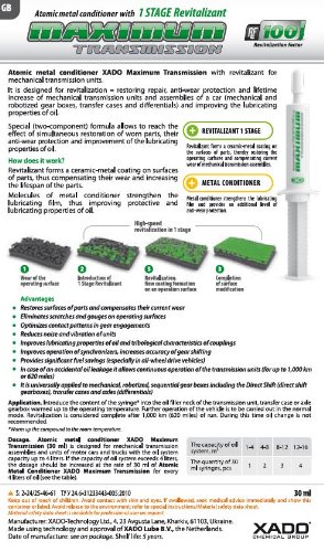XADO Getriebeöl-Additiv 30 ml - Hochwirksamer Ölzusatz zur Getriebereparatur - Additiv für Schaltgetriebe - Optimiert Tragbilder, reduziert Verschleiß und Geräusche, schützt und repariert Getriebe