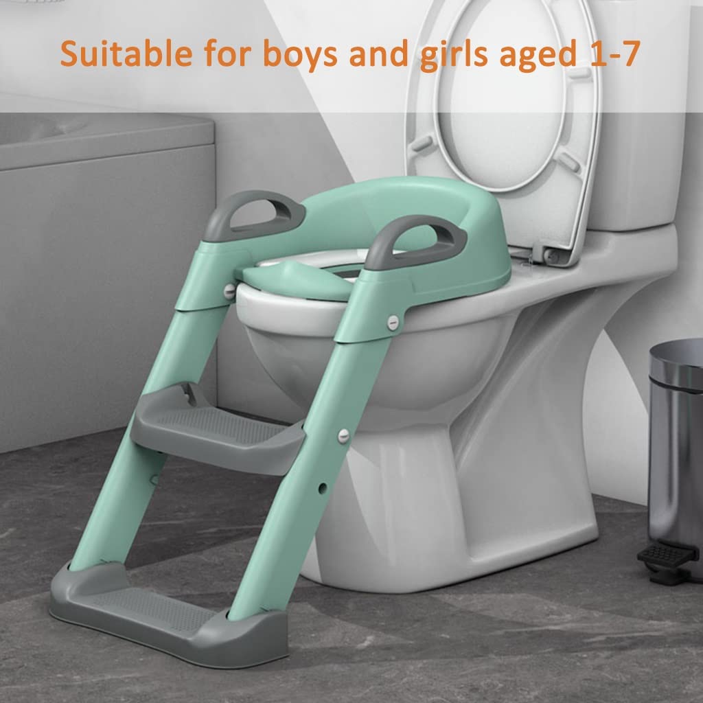 Siège Toilette avec Escalier Ajustable Reducteur Toilette avec Escalier avec Accoudoirs, Pliable Reducteur WC avec Escalier avec Garde-Boue, Facile À Assembler Et À Nettoyer