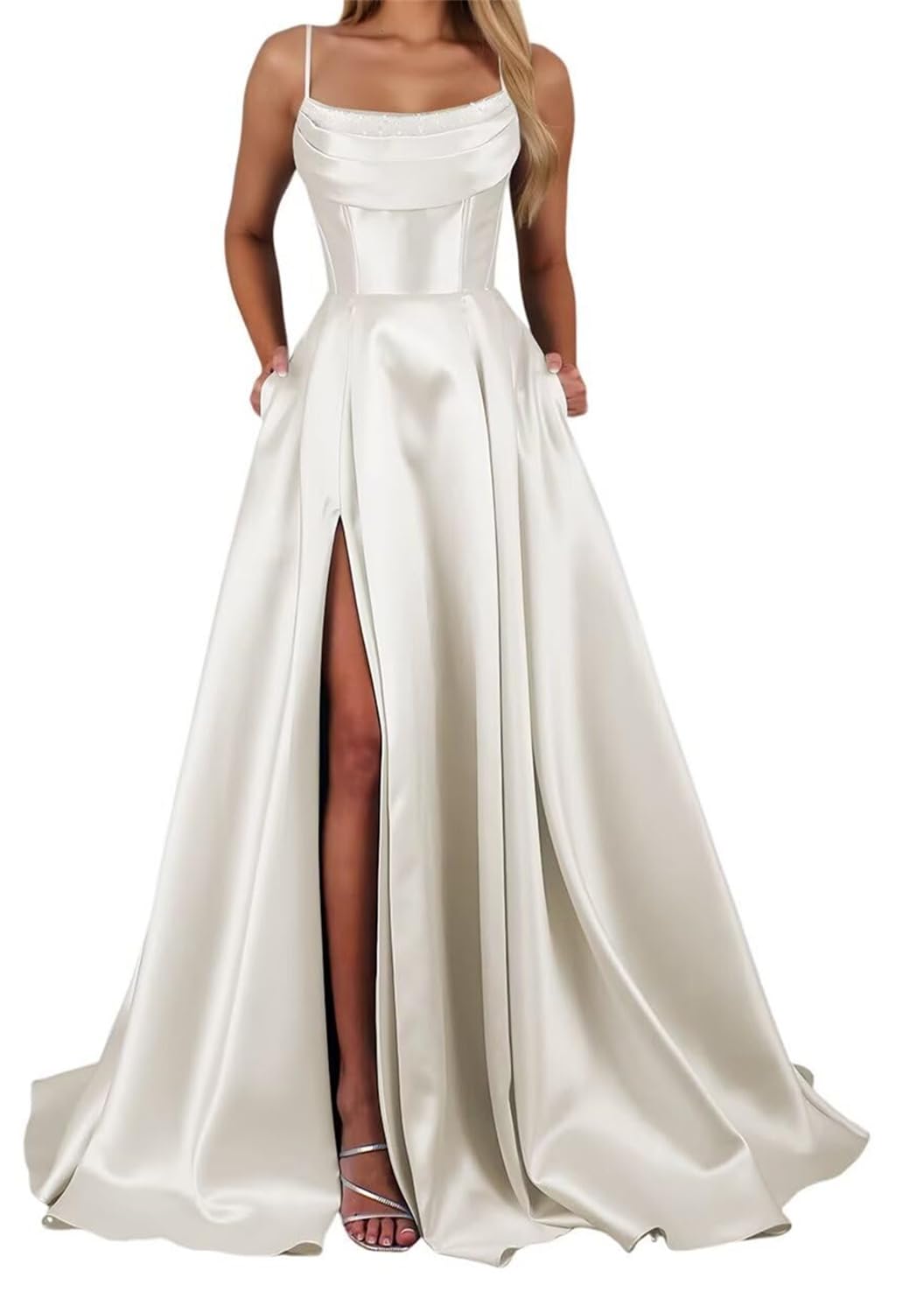 Yiann Women's Ivory Satin Prom Dresses With Slit Spaghetti Strap Formal Dress Sleeveless Long Ball Gown Uk18