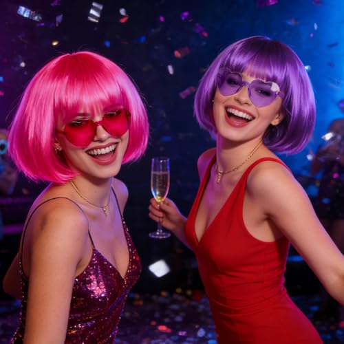 Image of DAJOOEE 2 Pack Party Wigs Wig Cap and Sunglass Set,Short Bob Hair Wigs Straight with Flat Bangs Synthetic Colorful Cosplay Daily Party Neon Wig for Women (Pink Purple)