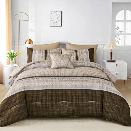 Image of Dintszyayue Brown Comforter Set Queen Size, 8 Pieces Boho Striped Bed in a Bag Soft Microfiber Bedding Set for All Season