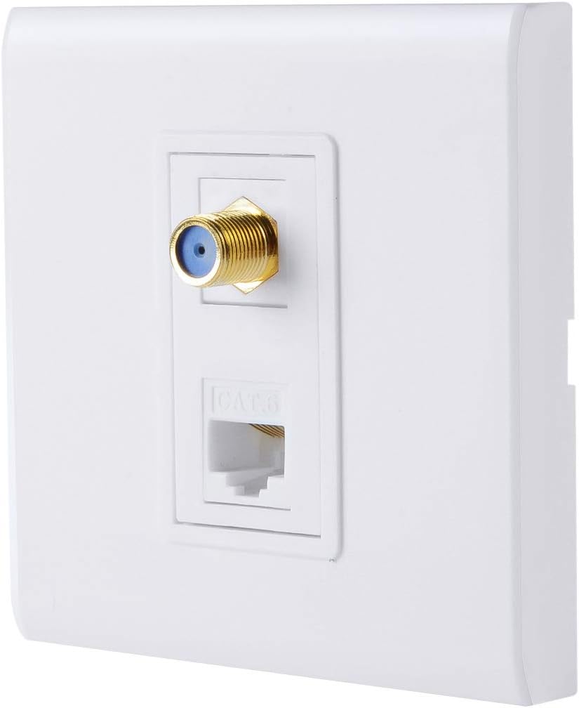 F Type Coaxial Connector Ethernet Network Faceplate Wall Plate Dual 2 Port Combo - Video Coax F Connector with Cat5e Cat6 RJ45 Jack Socket Wiring Plug Decorative Cover Outlet Mount Panel