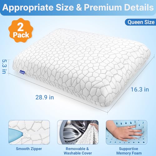 Image of Memory Foam Pillows, Bed Pillow, Bed Pillow for Side, Back and Stomach Sleepers, Neck Pillow for Sleeping with Removable and Machine Washable Cover, Queen Size (2 Pack)