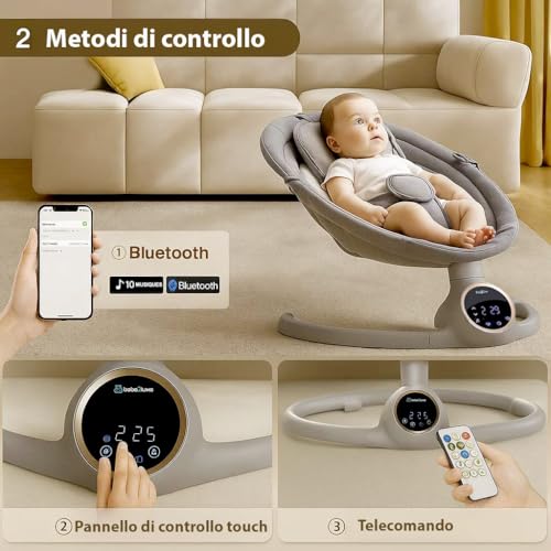 BEBE2LUXE Alpha, Sdraietta Dondolo Automatico Per Neonato Fino A 9 Kg, Altalena Eletrica Con Melodie, Telecomando, Touch Screen Led, Regolazione Dello Schienale, Timer, Silenzioso - 7