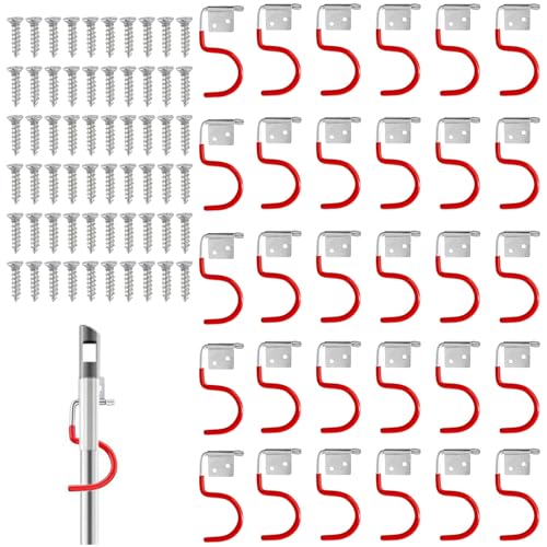 Gartengerätehalter Metallhaken, 30 Stück Rot Wandhaken, Haken für Werkzeugständer mit 60 Stück Schrauben, Garagen Aufbewahrungshaken mit Anti Rutsch Gummierung, für Garagen, Keller, Geräteschuppen