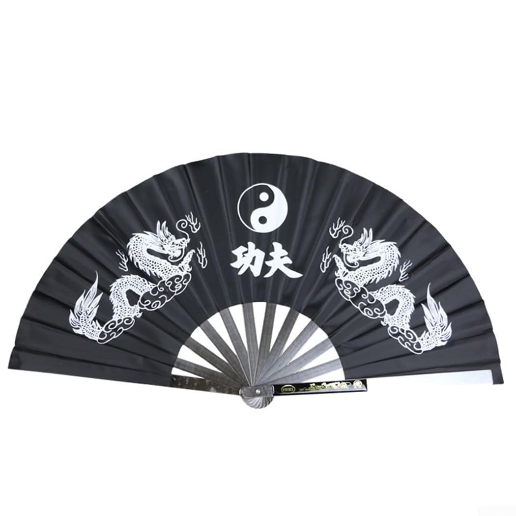 Chinese Kung Fu Fan with Stainless Steel Frame and Silk Ribbon Featuring Traditional Dragon Design for Martial Arts Training (Black)