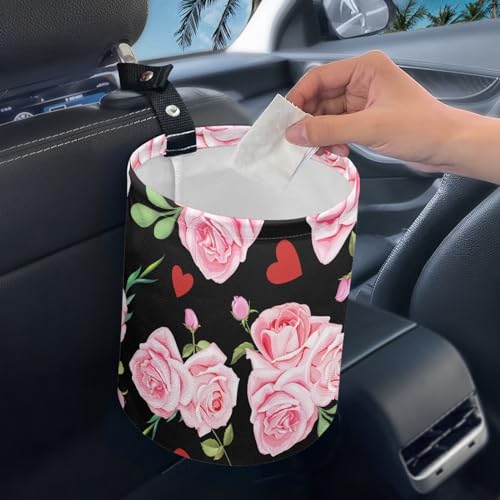 Image of Car Trash Can - Cute Pink Rose,Portable,Collapsible Back Seat, Front Console, Floor, or Hanging Headrest Waste Basket Car Garbage Bag