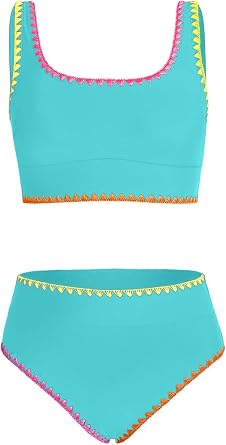 blibean Girls Swimsuit Kids 2 Piece Picot Trim Bikini Set Size 6-15Y