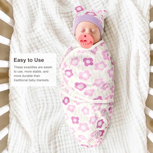 Image of DRESHOW BQUBO 3 Pack Newborn Baby Swaddle Blanket with Hats Infant Adjustable Velcro Swaddling Wraps with Bear Ears Cap for 6-12 Lbs Newborns & 0-3 Months Girls Boys