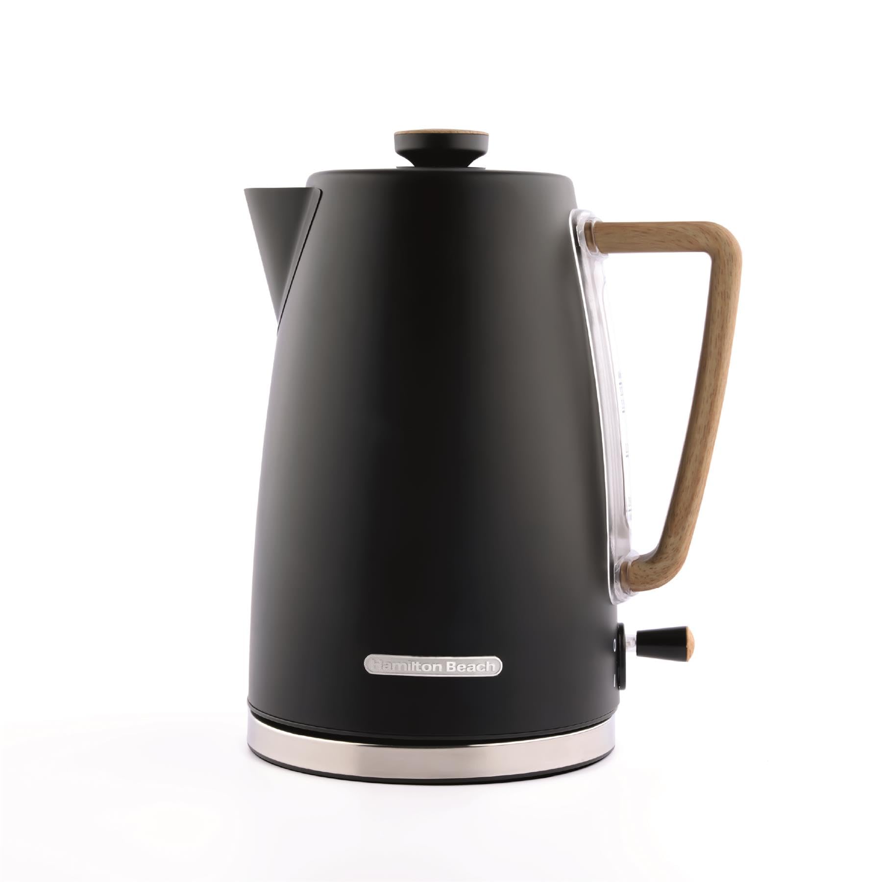Hamilton Beach Electric Kettle, Scandi 1.7L, Boil Dry Protection, Auto Shut Off, Water Level Window, Stay Cool Handle, Ergonomic Grip, Matte Black with Wood Effect - HBK01MB